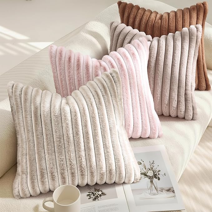 decorUhome Cozy Faux Fur Throw Pillow Covers 24x24 Set of 2 Decorative Soft Plush Striped Modern Farmhouse Boho Couch Euro Sham Pillow Cases with Velvet Back for Sofa Bed Living Room, Brown