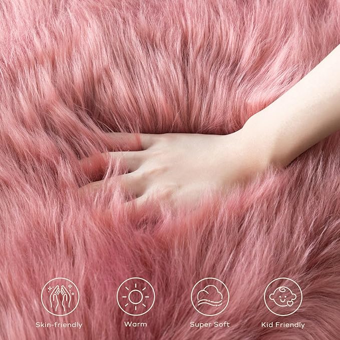Ashler Faux Fur Rug, Fluffy Shaggy Area Rug Ultra Soft 2.3 x 3.3 Feet Sheepskin Fur Rug, Blush Pink Fuzzy Machine Washable Shag Rug, Nursery Decor Throw Rugs for Bedroom, Kids Room, Living Room