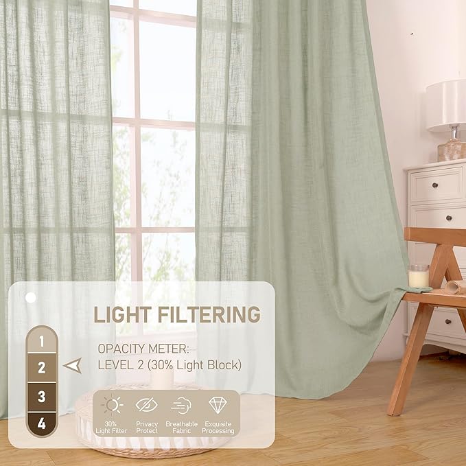 LAMIT Light Filtering Linen Curtains 72 inches Long for Bedroom, Linen Textured Semi Sheer Back Tab and Rod Pocket Boho Drapes for Window/Living Room, Sage Grey, 2 Panels, 34 x 72 Inch