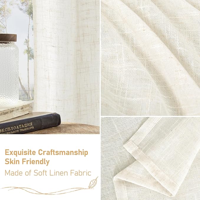 LAMIT Cream Linen Curtains 90 Inch for Living Room, Back Tab and Rod Pocket Linen Textured Boho Curtains Light Filtering Rustic Drapes for Bedroom/Dining Room, Set of 2, 52 x 90 Inch
