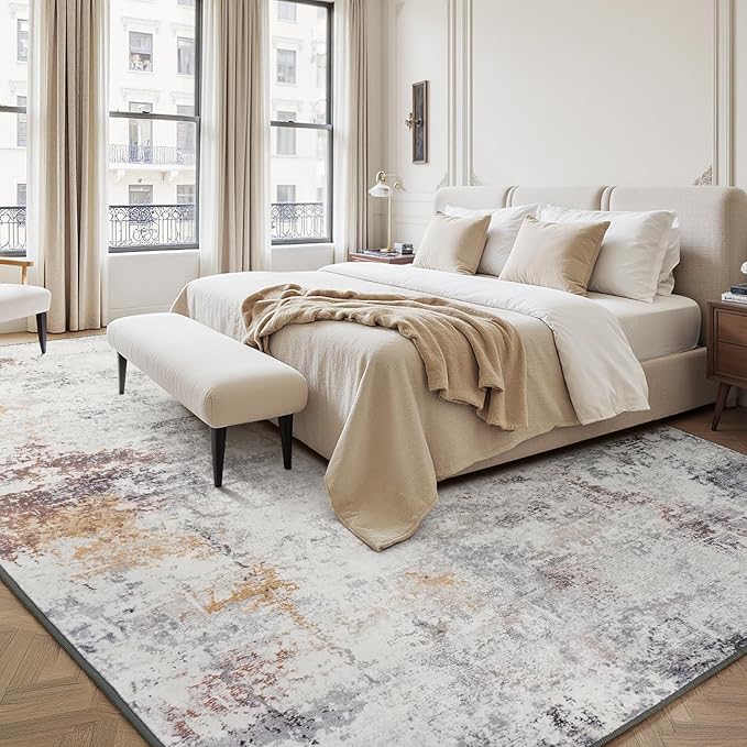 Rugflix 9x12 Area Rugs for Living Room, Washable Large Rug Stain-Resistant Low Pile, Modern Neutral Carpet for Dining Room Home Office Kid Room Nursery Bedroom, Grey Brown
