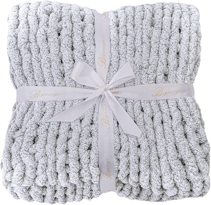 Bigacogo Chunky Knit Throw Blanket for Couch, 60x80 inches, 100% Hand Knitted with Thick Jumbo Chenille Yarn, Cozy Soft Large Rope Knot Cable Crochet Blankets for Sofa Bed Living Room, Light Grey