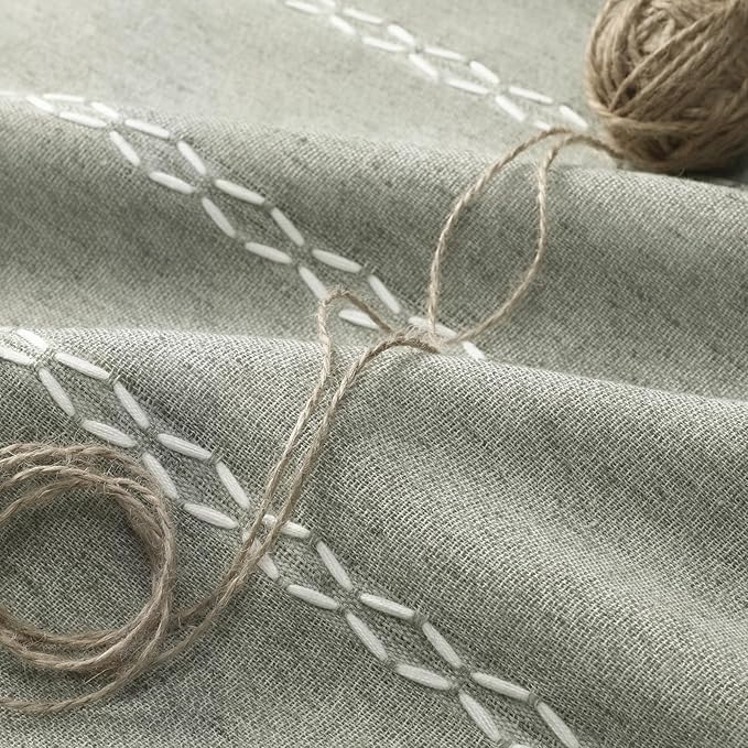 Boho Blackout Curtains 90 Inches Long Sage Green Linen Blend 2 Panels with Tassels and Cotton Embroidery, Farmhouse Vintage Rustic Rod Pocket Drapes for Living Room or Bedroom