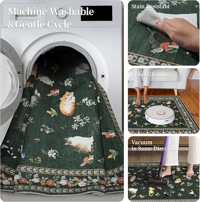 2x5 Washable Kitchen Runner Rug - Soft Low Pile Floral Animal Cat Print Rugs with Non-Slip Backing Waterproof Stain-Resistant Indoor Carpet for Hallway Entryway Bathroom Bedroom (Sage Green)