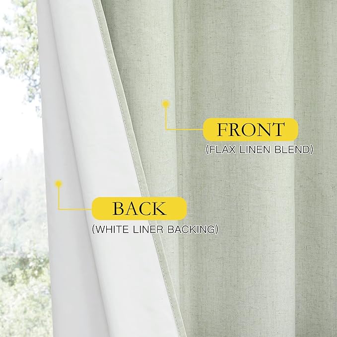 NICETOWN Sage Green Linen Blackout Cold Reducing Curtains for Night Shift, Great Job, Set of 2, 42" by 63", Short Kitchen Burlap Linen 100% Blackout Drapes with Bronze Grommets for Blocking Light