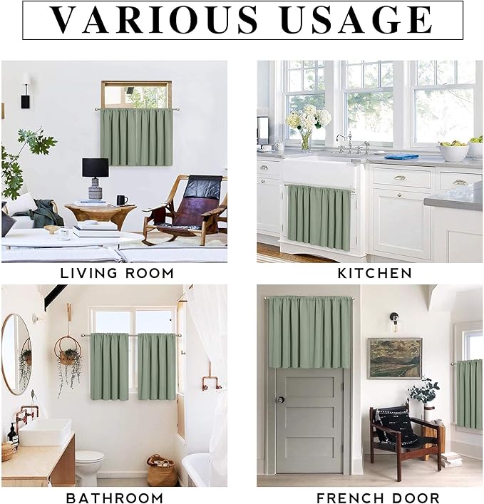 RYB HOME Short Blackout Curtains for Small Window, Sunmmer Heat Light Blocking Privacy Protection Curtains for Sunroom Laundry Room Stair Window, Width 52 by Length 36, Greyish Green, Set of 2