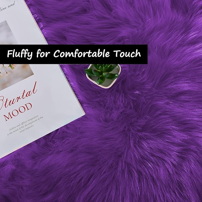 Goolela Purple Fluffy Sheepskin Rug 4x6 for Bedroom Bedside Fuzzy Furry Purple Faux Fur Shag Carpet Plush Sheepksin