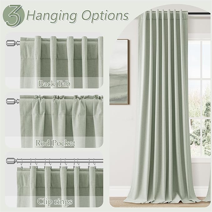 Guken Mist Sage 100% Blackout Linen Curtains 96 Inch Length 2 Panels Set for Living Room Bedroom Back Tab Thermal Insulated Black Out Drapes Room Darkening Farmhouse Style for Bedroom Window Curtains