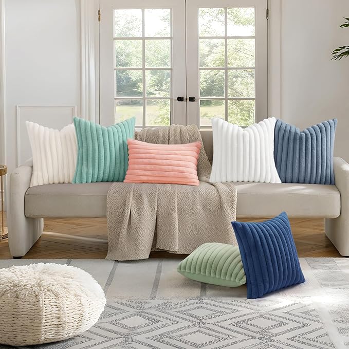 decorUhome Summer Cozy Faux Fur Throw Pillow Covers 26x26 Set of 2 Decorative Soft Plush Striped Modern Farmhouse Boho Couch Euro Sham Pillow Cases with Velvet Back for Sofa Bed Living Room, Aqua