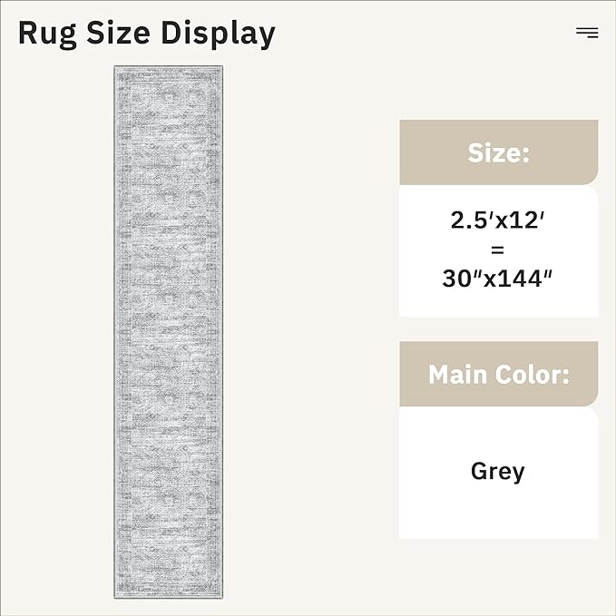 Runner Rug 2'6" x 12' Washable Non-Slip Runner Rugs for Kitchen Bathroom Laundry Room Vintage Ultra Thin Runners for Hallway Entryway Grey