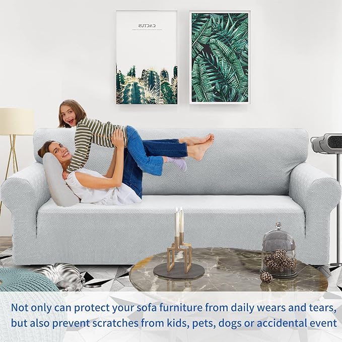 ZNSAYOTX 1 Piece Jacquard Couch Covers for 3 Cushion Couch Living Room High Stretch Sofa Cover Pets Dogs Friendly Anti Slip Thickened Slipcovers Furniture Protector (Large, New Pattern Silver Grey)