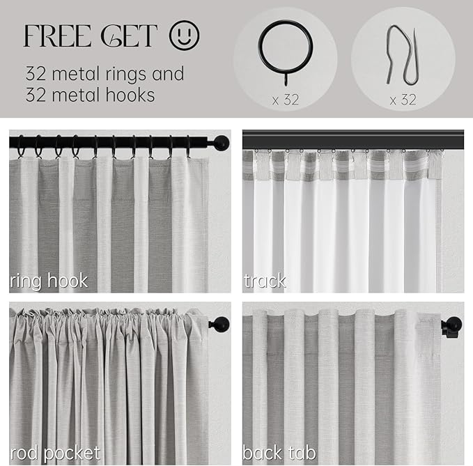 Topfinel 95 Inches Length Custom Blackout Linen Curtains Back Tab Pinch Pleated Noise Cancelling Curtains with Pin Hooks for Traverse Burlap Viral Drapes 2 Panels for Living Room Bedroom Grey