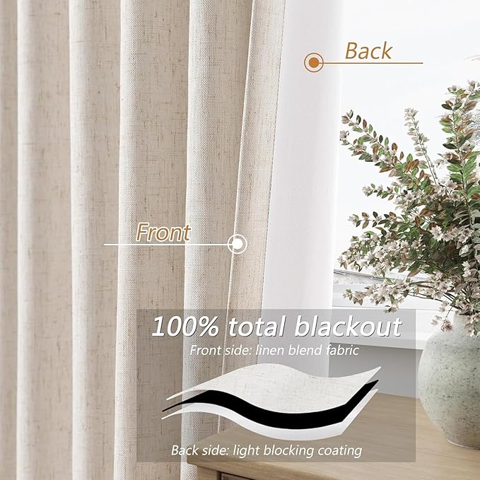 Guken 100% Blackout Linen Curtains 42 Inch Wide by 84 Inch for Living Room Bedroom Back Tab Thermal Insulated Black Out Drapes Room Darkening Window Curtains