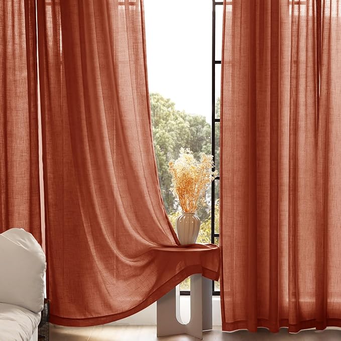 92 inch Linen Terracotta Curtains 2 Panels for Living Room Back Tab Light Filtering Semi Sheer Rust Colored Curtains 92 inches Long Soft Thick Cotton Cloth Textured Rustic Boho Farmhouse Room Decor