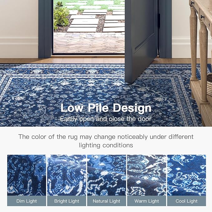 Lofus 6x9 Area Rugs for Living Room, Machine Washable Non-Slip Area Rug, Low Pile Large Rugs for Bedroom, Kitchen, Dining Room, Home Office, Vintage Oriental Print Rug, Dark Blue with White