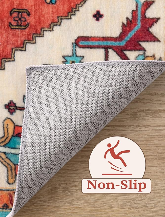 SERISSA Runner Rug for Hallways, 2'6"x18' Washable Non Slip Kitchen Runner Rug, Extra Long Boho Rug Ultra Soft Vintage Orange Print Floor Carpet for Hallway Living Room Dining Room Bedroom