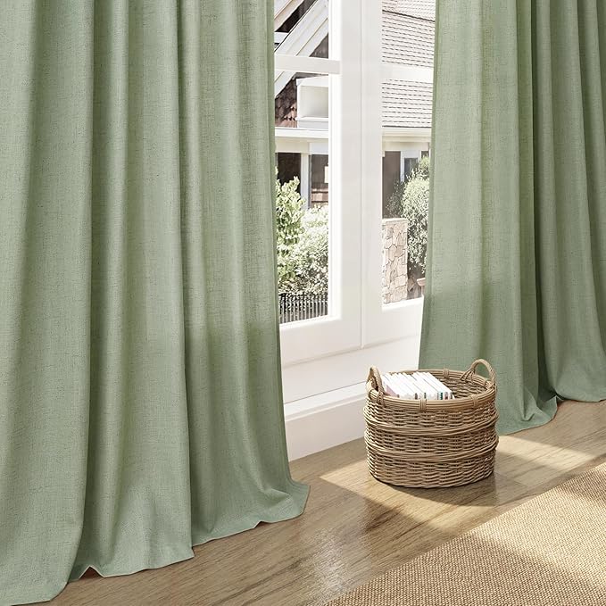 Nanspring Light Sage Linen Curtains 96 Inches Long 2 Panels Set for Living Room Rod Pocket Back Tab Semi Sheer Light Filtering Protect Privacy Pale Green Curtain for Bedroom Floor Length 52x96