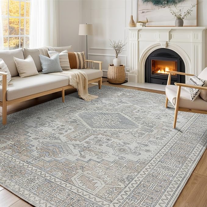 Machine Washable Area Rugs 9x12 Living Room Retro Rugs- Ultra Soft Low Pile Large Rugs for Bedroom,Dining Room,Non Slip Vintage Accent Carpet for Farmhouse Home Office- Family & Pet Friendly