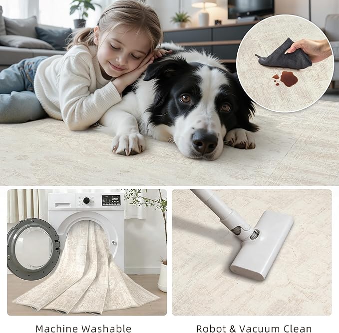 Area Rugs 9x12 Living Room: Vintage Boho Neutral Washable Rug Indoor Soft Large Area Rug Carpet for Bedroom Nursery Farmhouse Dining Room Office Floor Non-Slip Low Pile Under Table Rug Cream Beige