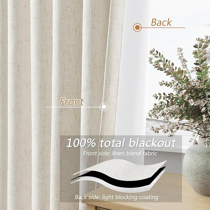 Guken Cream 100% Blackout Linen Curtains 38 Inch Wide by 80 Inch for Living Room Bedroom Back Tab Rod Pocket Thermal Insulated Black Out Drapes Room Darkening Farmhouse Window Curtains