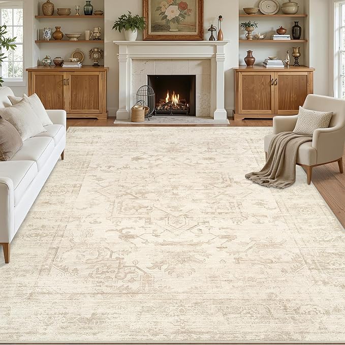 8x10 Area Rugs for Living Room: Vintage Boho Neutral Washable Rug Indoor Soft Large Area Rug Carpet for Bedroom Nursery Farmhouse Dining Room Office Floor Non-Slip Low Pile Under Table Rug Beige/Brown