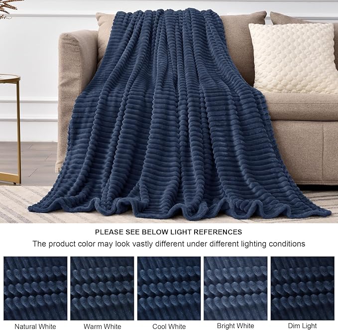BEDELITE Fleece Blanket Twin Size – 3D Ribbed Jacquard Soft and Warm Decorative Fuzzy Blankets – Cozy, Fluffy, Plush Lightweight Throw Blankets for Couch, Bed, Sofa(Navy Blue, 60x80 inches)