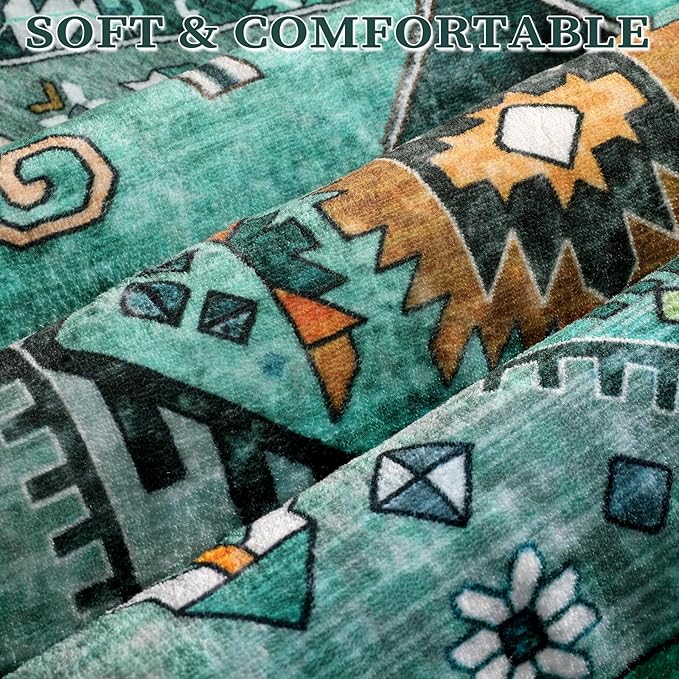 SERISSA Boho Round Area Rug, 5ft Washable Non-Slip Circle Rug, Ultra Soft Oriental Vintage Teal Low-Pile Circular Carpet for Bedroom Entryway Kids Room Office College Dorm Living Room