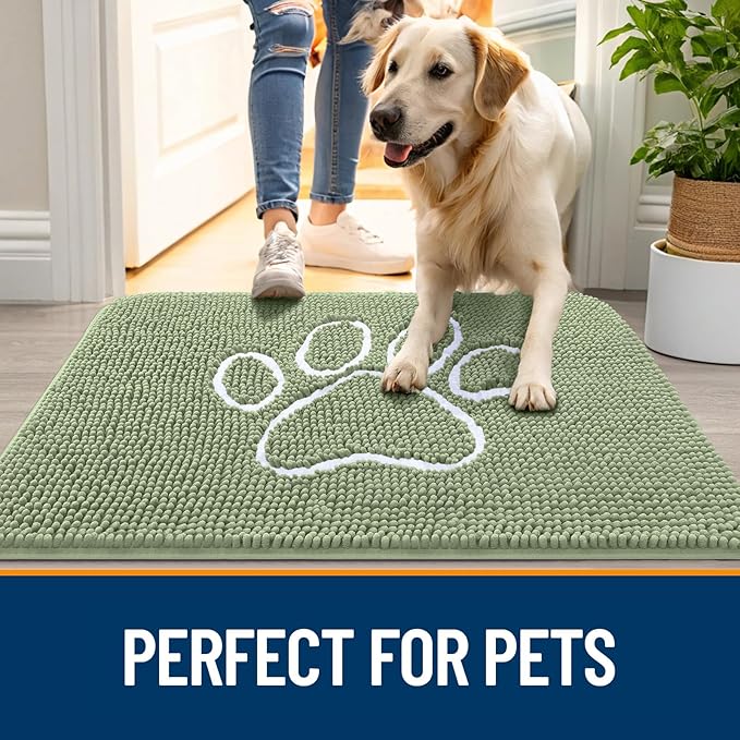 OLANLY Dog Door Mat for Muddy Paws 70x24, Paw Print Design, Absorbs Moisture and Dirt, Non-Slip Washable Doormat, Quick Dry Chenille Mud Mat for Dogs, Entry Indoor Entryway Carpet, Sage Green