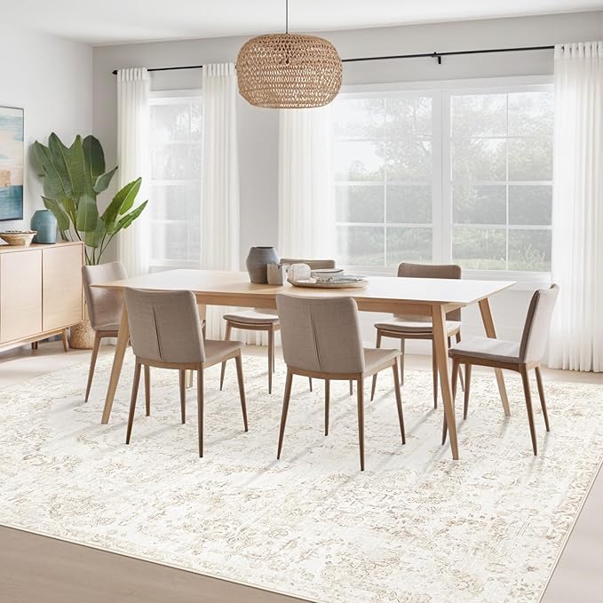 9x12 Area Rugs for Living Room:Washable Rug Vintage Large Rugs Soft Non Slip Low Pile Rug Floral Distressed Floor Carpet for Bedroom Dining Room Home Office (Beige,9'x12')