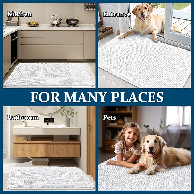 OLANLY Dog Door Mat for Muddy Paws 54x32, Absorbs Moisture and Dirt, Absorbent Non-Slip Washable Doormat, Quick Dry Chenille Mud Mat for Dogs, Entry Indoor Entryway Carpet for Inside Floor, White