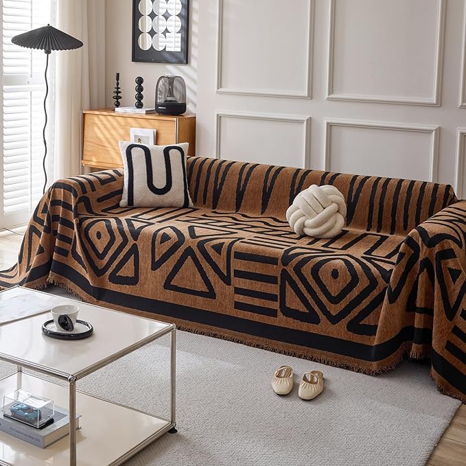 HANDONTIME Boho Geometric Couch Covers for Sofa Pet Friendly Brown and Black Sofa Covers Washable Chenille Couch Blanket Cover for 3 4 Cushion Couches Pet Protector Furniture Cover Soft, 71" X 150"