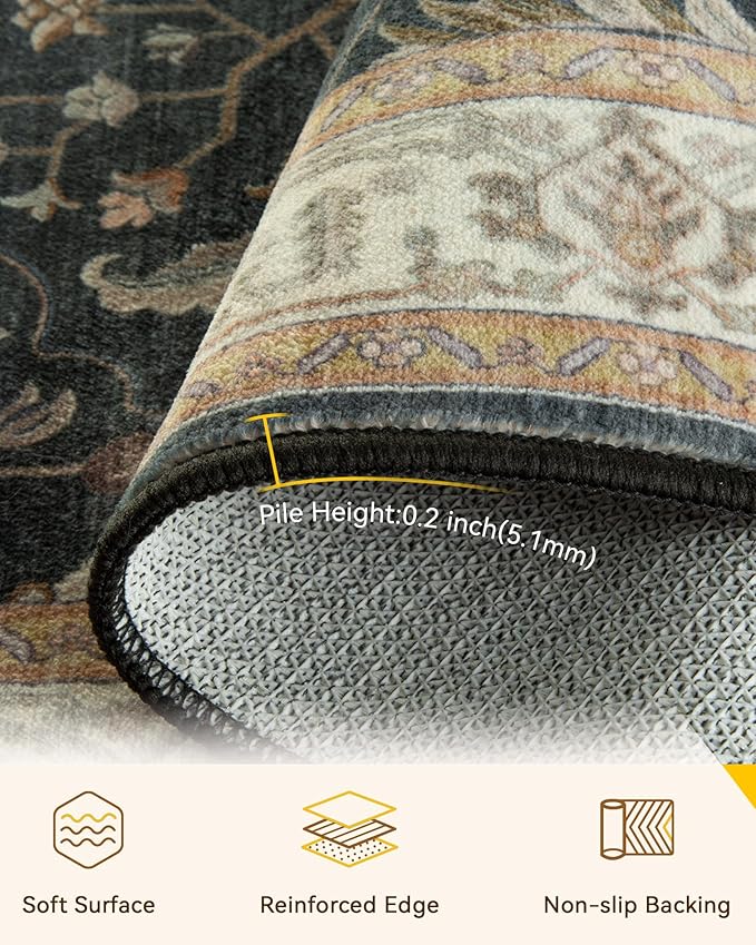 Area Rugs 8'x10' Washable Non-Slip, Floral Vintage Distress Print Pattern Medallion Carpet for Living Room Bedroom Dining Room, Vintage Black Brown Neutral