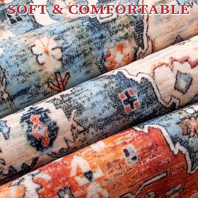 SERISSA Boho Tribal 8x10 Area Rugs, Washable Vintage Large Living Room Rug Non-Slip, Ultra Soft Oriental Print Distressed Farmhouse Carpet for Dining Room Bedroom Dorm Office Home Decor