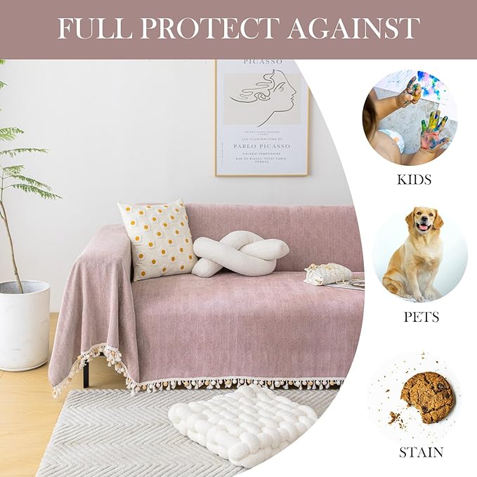 HANDONTIME Soild Couch Covers for Dogs Pink-Purple Sofa Covers Boho Cover for Sofa 3 Seats Chenille Sofa Throw Cover Mauve Sofa Covers for 3 Cushion Couch Tassel, Washable, Pet Friendly, 91" X118"