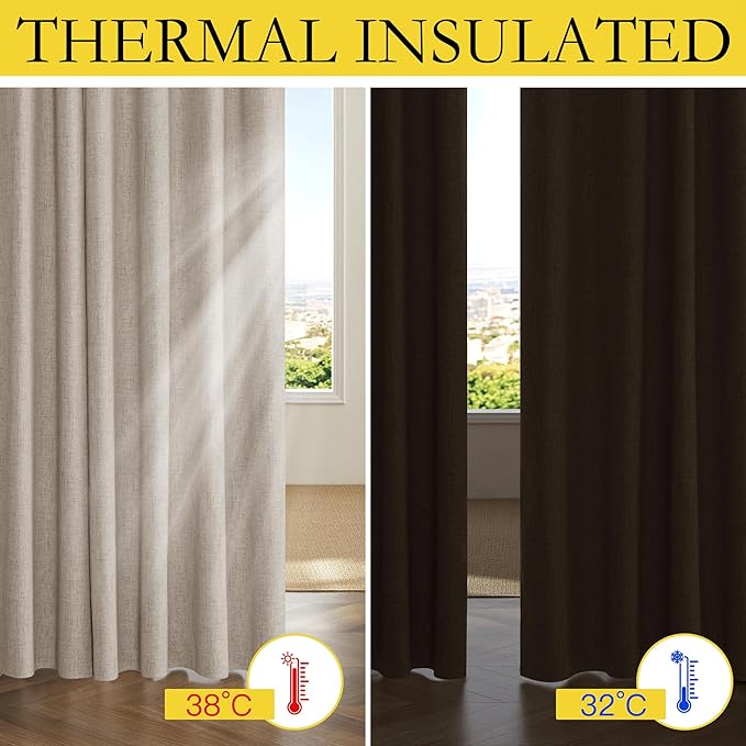 NICETOWN Oatmeal Vintage Open Linen Weave Flax Thermal Curtains, 100% Blackout Curtains 84" Long for Dining Room, Soundproof Window Treatment Drapes for Dining Room, 62" Wide Per Panel, Set of 2