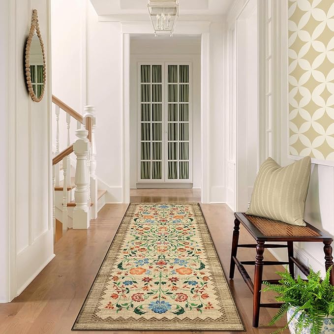 GarveeHome Floral Rug 2x6 Runners for Hallways, Boho Kitchen Runner Rugs Non Slip Bath Runners, Vintage Washable Runner Rug for Bedroom, Soft Long Rugs for Entryway Bathroom Laundry Dorm, Beige