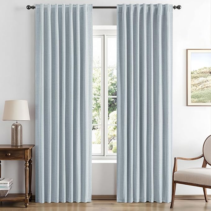 MIULEE 100% Blackout Linen Curtains for Bedroom, Chambray Blue Solid Luxury Decor Thermal Insulation Room Darkening Drapes for Living Room Nursery Back Tab Rod Pocket 42 x 84 Inches, 2 Panels