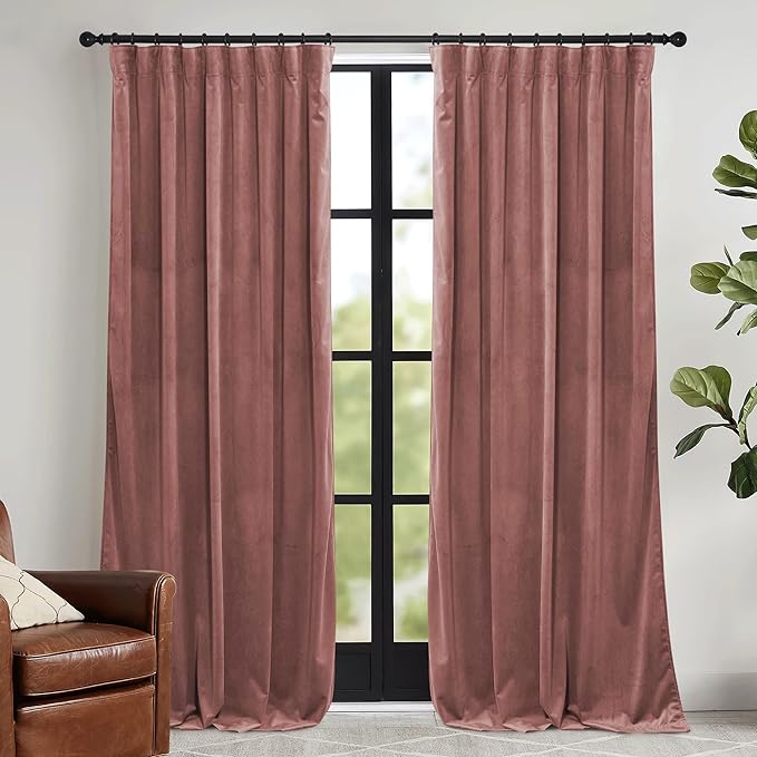 RYB HOME Dusty Pink Velvet Curtains 84 inch, Room Darkening Window Curtains for Living Room Energy Efficient Backdrop Festival Decor for Girls Bedroom, Wild Rose, W52 x L84 inch, 2 Panels