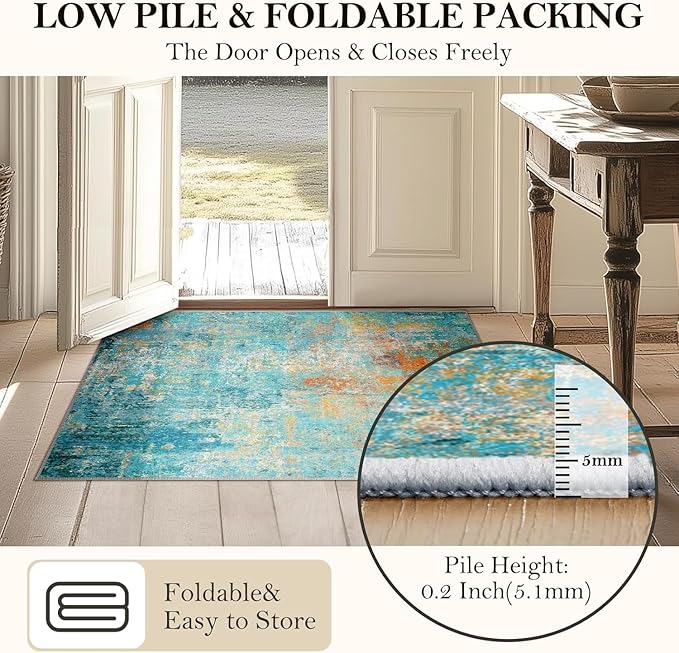 Washable Area Rugs 3'x5' Non-Slip Modern Abstract Soft for Living Room Entryway Bedroom Nursery, Print Pattern, Teal Blue Green Orange Rust Red Coloreful