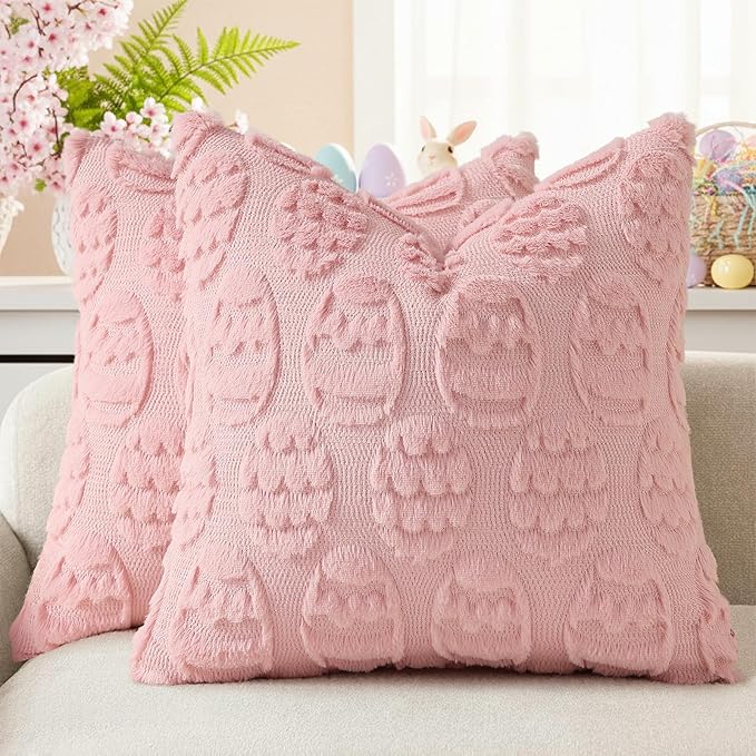 decorUhome Easter Pink Egg Pillow Covers 16x16 Inch Set of 2, Soft Plush Faux Wool Jacquard Cushion Covers, Farmhouse Neutral Fuzzy Spring Easter Holiday Decor for Couch Sofa Bed
