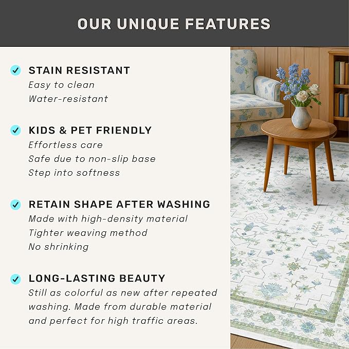 Hazo Haus Washable Oushak 2x6 Bathroom Runner Rug, Eclectic Boho Floral Pastel, Non Slip Low Pile Stain Resistant Small Throw Rug for Bedroom, Laundry Room, Powder Room, Cream Green