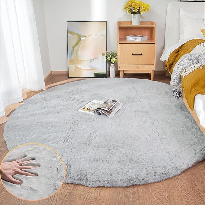 ORINOVA Washable Furry 5ft Round Area Rugs for Living Room Bedroom Light Grey Circle Faux Rabbit Shaggy Fur Rug Teen Room Décor