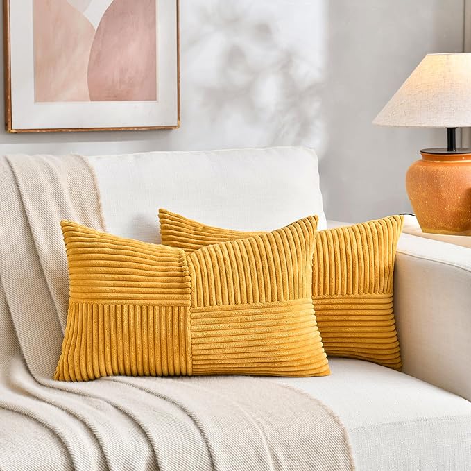 Fancy Homi 2 Packs Gold Yellow Lumbar Decorative Throw Pillow Covers 16x32 Inch for Couch Bed Sofa, Rustic Farmhouse Boho Spring Home Decor, Soft Striped Corduroy Rectangle Accent Cushion Case 40x80cm