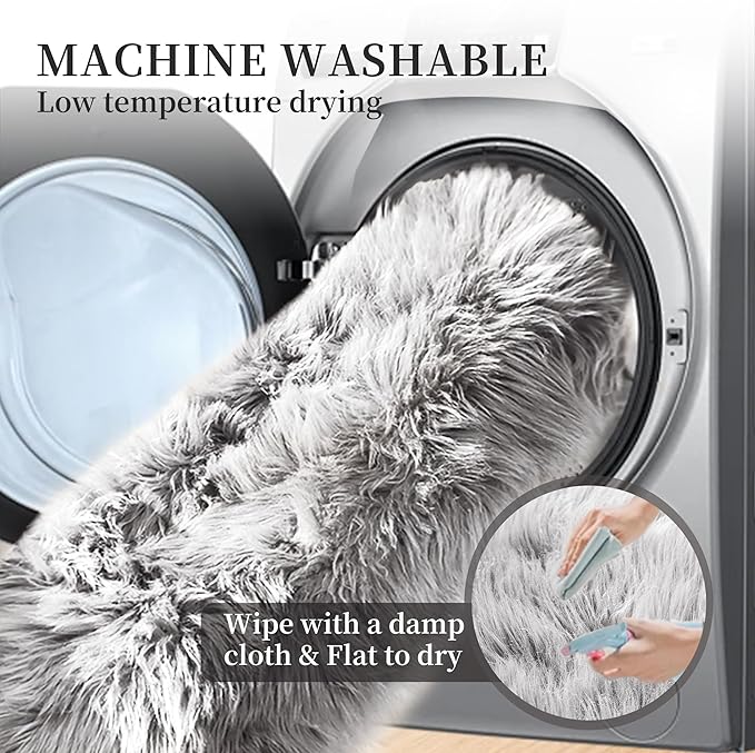 ORINOVA Silver Grey Furry Washable Faux Shaggy Fur Rugs for Living Room Small Circle Fluffy Sheepskin Fur Rug for Nursery Round Rug 5ft