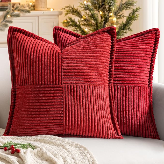 MIULEE Decorative Euro Sham Throw Pillow Covers for Couch Bed Livingroom 24x24 Inch Set of 2 Red Boho Accent Throw Pllows Broadside Striped Patchwork Soft Corduroy Pillowcases