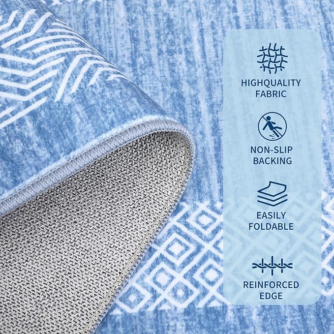 GarveeHome 8x10 Large Washable Area Rug Modern Bordered Distressed Geometric Floor Carpet, Soft Non Slip Low Pile Non Shedding Indoor Light Blue Carpet for Bedroom, Living Room