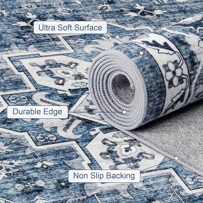 Area Rugs 9x12 Living Room Rug: Washable Rug Soft Vintage Boho Medallion Carpet Indoor Floor Non-Slip Stain Resistant Large Carpets for Bedroom Dining Room Farmhouse Nursery Home Office Blue