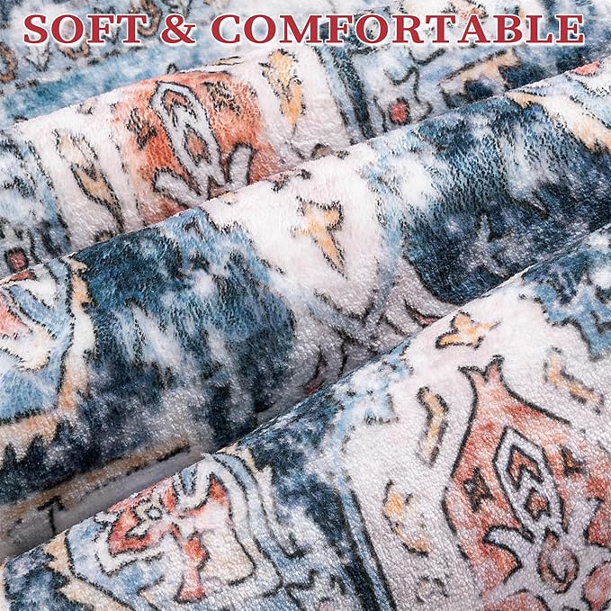 SERISSA Boho Round Area Rug, 4ft Washable Non-Slip Circle Rug, Ultra Soft Vintage Blue Orange Low-Pile Small Circular Carpet for Bedroom Entryway Kids Room Office College Dorm Living Room