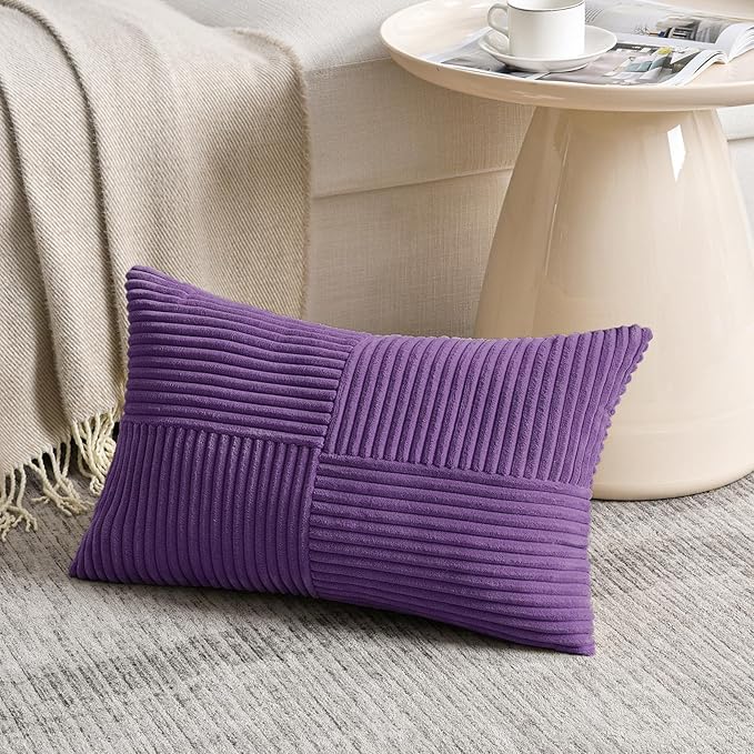 Fancy Homi 2 Packs Purple Lumbar Decorative Throw Pillow Covers 14x22 Inch for Living Room Couch Bed, Farmhouse Boho Home Decor, Soft Striped Corduroy Rectangle Accent Cushion Case 35x55 cm