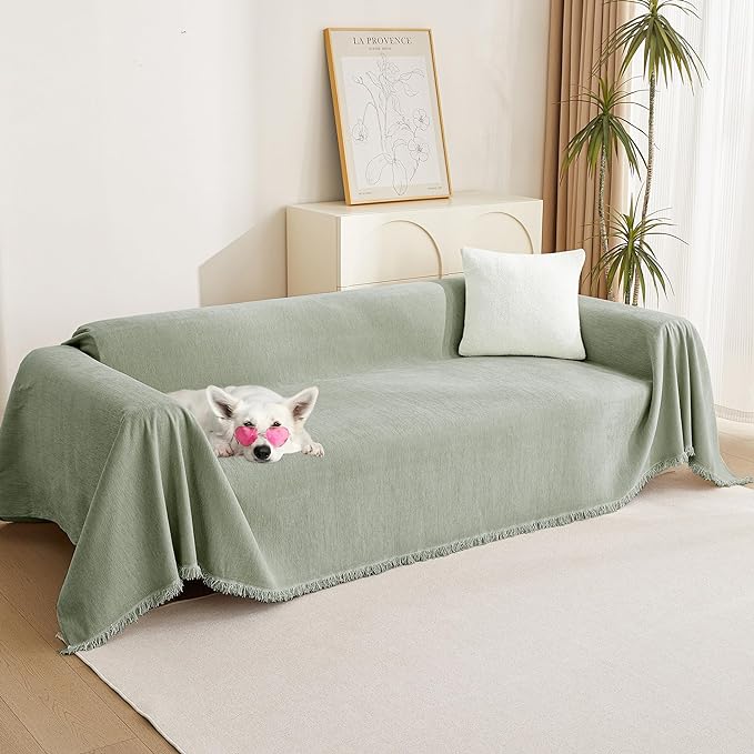 MYSKY HOME Sectional Couch Cover Blanket Living Room Furniture Protector for Pets, Farmhouse Home Decor Sofa Covers Tassel Chenielle Sofa Slipcover Soft Throw Couch for Dogs,71" X 118", Sage Green